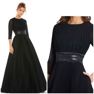 Mac Duggal 30700 Black Shimmering Pleated A-Line 3/4 Sleeve Gown